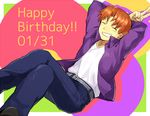  birthday dated fate/zero fate_(series) happy_birthday jacket male_focus orange_hair purple_jacket ruchi solo uryuu_ryuunosuke v 