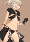  animal_ears armlet bandaid bandaid_on_face breasts choker clenched_hand cowboy_shot doraeshi facial_mark final_fantasy final_fantasy_xiv garter_straps gloves groin highres lips medium_breasts midriff miqo'te navel open_mouth ponytail profile signature simple_background solo thighhighs underboob white_hair 