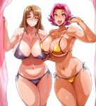  2girls bikini blush bracelet breasts brown_eyes brown_hair cleavage glasses green_eyes huge_breasts jewelry long_hair multiple_girls nakatomo navel open_mouth original pink_hair short_hair side-tie_bikini smile sweat swimsuit 