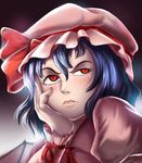  ascot bat_wings blue_hair bored hand_on_own_face haryudanto hat lipstick looking_up makeup raised_eyebrow red_eyes remilia_scarlet ribbon slit_pupils touhou wings wristband 