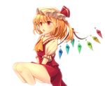  ascot blonde_hair cropped_legs d: dress flandre_scarlet hat hat_ribbon mob_cap oimo_(imoyoukan) open_mouth puffy_short_sleeves puffy_sleeves red_dress red_eyes ribbon shirt short_sleeves sitting solo thighs touhou v-shaped_eyebrows v_arms wings 