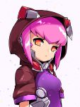  1girl bangs bodysuit breasts brown_eyes brown_jacket character_request closed_mouth grey_background head_tilt headgear hood hood_up hooded_jacket jacket long_hair pikomarie pink_hair purple_bodysuit puzzle_&amp;_dragons ringed_eyes short_sleeves sidelocks simple_background small_breasts solo upper_body 