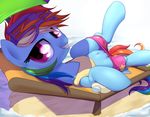  breasts clothing equine female feral friendship_is_magic hair long_hair looking_back lying mammal multicolored_hair my_little_pony on_back partially_clothed pegasus rainbow_dash_(mlp) rainbow_hair solo stoic5 teats undressing wings 