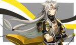  animal_ears armor bare_chest bishounen commentary_request flower_knot fox_boy fox_ears gold_trim hair_flaps japanese_armor japanese_clothes kogitsunemaru long_hair male_focus red_eyes ruchi shoulder_armor sode solo tassel touken_ranbu very_long_hair white_hair 