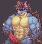  abs anthro antlers big_muscles big_penis claws dragon hair hi_res horn istani long_hair looking_at_viewer male muscles nude one_eye_closed penis smile solo tapering_penis teal_eyes wink 