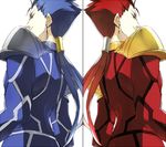  alternate_color blue_hair dual_persona fate/stay_night fate_(series) lancer multiple_boys palette_swap player_2 ponytail red_hair ruchi symmetry 