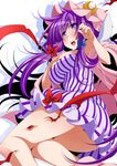 breasts coat crescent dress eichi_yuu hair_ribbon hand_on_own_chest hat highres large_breasts long_hair mob_cap off_shoulder open_clothes open_coat open_mouth patchouli_knowledge purple_eyes purple_hair ribbon solo striped striped_dress tears thighs touhou tress_ribbon upskirt very_long_hair wide_sleeves 