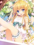  :d absurdres blonde_hair blue_eyes blush cameltoe chikotam criss-cross_halter dengeki_moeou dress flower garters halterneck highres lace lace-trimmed_dress leg_garter long_hair open_mouth panties sidelocks sitting smile solo swing two_side_up underwear very_long_hair white_dress white_panties 