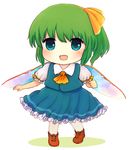  :d blue_dress blue_eyes boots bow chibi daiyousei dress fairy_wings green_hair hair_bow open_mouth rei_(tonbo0430) short_hair smile solo touhou wings younger 
