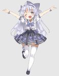  blush bow dress gomibox grey_eyes hair_bow hair_ribbon long_hair looking_at_viewer one_eye_closed open_mouth original outstretched_arms ribbon shoes silver_hair skirt solo thighhighs white_legwear wrist_ribbon 