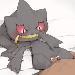  1girl banette bed_sheet black_eyes blush creatures_(company) cum cum_in_pussy dark_skin dark_skinned_male erection full_body game_freak gen_3_pokemon grin happy_sex hetero highres interspecies lying male_pubic_hair navel nintendo on_back penis pokemon pokemon_(creature) pubic_hair pussy red_sclera sex smile solo_focus spread_legs teeth vaginal veins veiny_penis white_background youjomodoki zipper_pull_tab 