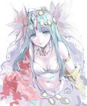  armlet bad_id bad_pixiv_id bandeau bare_shoulders blue_eyes blue_hair breasts channemo circlet cleavage diamond_(shape) facial_mark flower forehead_mark hair_flower hair_ornament jewelry long_hair lotus medium_breasts navel necklace parvati_(p&amp;d) puzzle_&amp;_dragons smile solo 