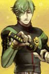  green_eyes green_hair hair_over_one_eye katana male_focus ruchi sheath sheathed solo sword touken_ranbu uguisumaru weapon 