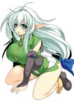  breasts curvy female full_body green_eyes hair_ribbon happy havuwx kneeling large_breasts long_hair open_mouth pointy_ears rei_shabu ribbon solo thick_thighs white_hair wide_hips 