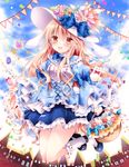  :d animal_ears basket blonde_hair blue_footwear blush bow bunny bunny_ears confetti dress easter easter_egg egg flower frilled_dress frilled_legwear frills hat hat_bow hat_flower jumping long_hair long_sleeves looking_at_viewer nogi_takayoshi open_mouth original shoes smile socks very_long_hair wavy_hair white_legwear yellow_eyes 
