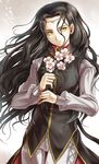  androgynous bad_id bad_pixiv_id black_hair circlet expressionless fire_emblem fire_emblem:_rekka_no_ken flower limstella_(fire_emblem) long_hair long_sleeves pants shirt solo white_pants white_shirt yellow_eyes 