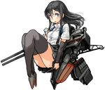  arm_warmers asashio_(kantai_collection) black_hair black_legwear blue_eyes blush collared_shirt full_body kantai_collection long_hair machinery open_mouth pleated_skirt sachito shirt short_sleeves simple_background skirt solo suspenders thighhighs white_background 