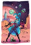  alien ambiguous_gender animal_ears blue_hair blue_skin bodysuit boots breasts buckteeth building clothed clothing female flying_saucer gloves goo hair herny_the_duck laser monster planet rabbit_ears ray_gun science_fiction skinsuit smile space toony 
