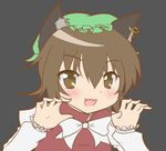  :3 animal_ears black_background brown_eyes brown_hair cat_ears chen fang green_hat hair_between_eyes hat insight jewelry long_sleeves mob_cap open_mouth short_hair simple_background single_earring solo touhou 
