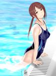  brown_eyes brown_hair competition_swimsuit floating highres idolmaster idolmaster_cinderella_girls kurorichin long_hair looking_at_viewer mifune_miyu one-piece_swimsuit ponytail pool poolside smile solo swimming swimsuit wading water 