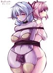  antenna_hair back-to-back bare_shoulders bdsm blue_hair blush bondage bottomless bound bound_together bra breasts choker completion_time cowboy_shot crossover curvy elf elf_slave_(maullarmaullar) hair_ribbon kaname_madoka large_breasts loincloth long_hair looking_at_viewer looking_back low_twintails mahou_shoujo_madoka_magica maullarmaullar multiple_girls no_panties older original pelvic_curtain pink_eyes pink_hair pointy_ears purple_skin ribbon rope short_twintails sideboob slave smile strapless strapless_bra thighhighs twintails underwear yellow_eyes yellow_legwear 