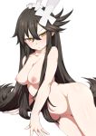 1girl areolae black_hair blush breasts faust_(makai_shin_trillion) hair_between_eyes hair_ornament long_hair looking_at_viewer lying makai_shin_trillion mdf_an medium_breasts nipples nude on_side pout slit_pupils solo very_long_hair yellow_eyes 