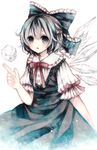  absurdres bad_id bad_pixiv_id blue_eyes blue_hair blurry blush bow cirno dress hair_bow highres ice ice_wings marker_(medium) muted_color pale_skin short_hair simple_background solo touhou traditional_media upper_body white_background wings wiriam07 