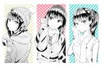  bangs beanie bracelet buttons cardigan casual collared_shirt column_lineup cup drink drinking drinking_straw earphones from_side hair_ornament hair_over_shoulder hair_scrunchie halftone halftone_background hat head_tilt high_ponytail hood hood_down hoodie idolmaster idolmaster_cinderella_girls jewelry long_hair long_sleeves looking_at_viewer military_rank_insignia monochrome multiple_persona necklace necktie open_mouth ponytail school_uniform scrunchie shibuya_rin shirt sleeves_rolled_up spot_color star star_print striped striped_background striped_scrunchie sweat towel towel_around_neck uku upper_body 