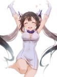  :d arms_up bad_id bad_twitter_id barefoot black_hair blue_ribbon breasts cleavage cleavage_cutout closed_eyes dress dungeon_ni_deai_wo_motomeru_no_wa_machigatteiru_darou_ka facing_viewer gloves heart hestia_(danmachi) large_breasts long_hair open_mouth rei_no_himo ribbon smile solo thigh_gap twintails veryberry00 white_dress white_gloves 
