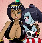  ;) arm_around_shoulder bad_deviantart_id bad_id bare_shoulders black_hair blue_eyes blue_hair blue_skin blush breasts cleavage dark_skin detached_collar detached_sleeves eliza_(skullgirls) hair_over_one_eye large_breasts lipstick long_hair makeup multiple_girls nail_polish one_eye_closed out_of_character penelope_and_me pout red_eyes short_hair side_ponytail skullgirls smile squigly_(skullgirls) stitched_mouth stitches striped_sleeves yellow_nails zombie 