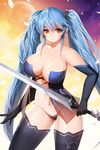  1girl animated animated_gif blue_hair bouncing_breasts breasts cleavage elbow_gloves gloves large_breasts long_hair luthica_preventer orange_eyes snowball22 sword sword_girls twintails warrior weapon 