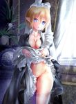  blonde_hair blue_eyes breasts cleavage didi_amen dress dress_lift elf groin hips maid maid_headdress medium_breasts no_panties original plant pointy_ears potted_plant pubic_hair short_hair solo standing thighhighs window 