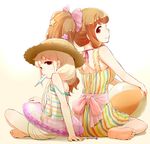  arm_support ball bare_shoulders barefoot beachball blonde_hair bow brown_eyes brown_hair dated dress error food futaba_anzu hair_bow hat idolmaster idolmaster_cinderella_girls indian_style innertube leaning_back long_hair looking_at_viewer moroboshi_kirari mouth_hold multicolored multicolored_stripes multiple_girls nagian off_shoulder popsicle sitting smile strap_slip straw_hat striped striped_dress sundress sweatdrop swimsuit swimsuit_under_clothes twintails vertical-striped_dress vertical_stripes wariza 