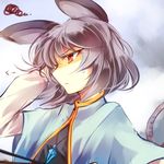  animal_ears capelet cloud cloudy_sky dress gem grey_dress grey_hair jewelry kutsuki_kai long_sleeves mouse_ears mouse_tail nazrin necklace pendant red_eyes shirt sky solo squiggle tail touhou upper_body 
