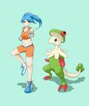  abs battle_girl_(pokemon) blue_hair breloom exposed_midriff fighting_stance legs midriff npc_trainer pokemon pokemon_oras ponytail standing_on_one_leg 