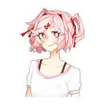  1girl caffe0w0 casual collarbone commentary doki_doki_literature_club english_commentary eyebrows_visible_through_hair eyes_visible_through_hair fang fang_out hair_ornament hair_ribbon hairclip looking_at_viewer natsuki_(doki_doki_literature_club) outline pink_eyes pink_hair red_ribbon ribbon shirt short_hair short_sleeves simple_background smile solo two_side_up upper_body white_background white_shirt 