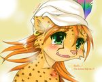  2010 anthro big_eyes blush brown_fur brown_hair cheetah clothed clothing crying cute dialogue ear_piercing english_text feather feline female fur green_eyes hair hat long_hair looking_at_viewer looking_back mammal open_mouth piercing pink_nose skykain solo spots sweat tears teeth text tongue 