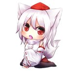  animal_ears banned_artist bare_shoulders blush chibi detached_sleeves fang hat inubashiri_momiji oohirakeisuke open_mouth red_eyes short_hair solo tail tokin_hat touhou transparent_background white_hair wolf_ears wolf_tail 