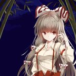  bad_id bad_pixiv_id bamboo bamboo_forest bow cloud forest fujiwara_no_mokou hair_bow hair_ribbon hand_in_hair juliet_sleeves long_hair long_sleeves looking_at_viewer nature night open_fly pants puffy_sleeves red_eyes ribbon shirt silver_hair sky solo suspenders takehana_note touhou tress_ribbon unzipped very_long_hair 