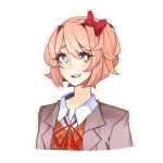  1girl :d blue_eyes bow caffe0w0 commentary doki_doki_literature_club english_commentary eyebrows_visible_through_hair eyes_visible_through_hair grey_jacket hair_bow jacket light_brown_hair looking_at_viewer open_mouth outline red_bow sayori_(doki_doki_literature_club) school_uniform short_hair simple_background smile solo upper_body white_background 
