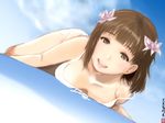  :d amami_haruka bikini breast_press breasts brown_hair day flower green_eyes hair_flower hair_ornament idolmaster idolmaster_(classic) kurorichin lying on_stomach open_mouth sky smile solo strap_slip swimsuit white_bikini 