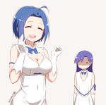  blue_ribbon breast_envy breasts cosplay crossover dated dress dungeon_ni_deai_wo_motomeru_no_wa_machigatteiru_darou_ka flat_chest gloves hestia_(danmachi) hestia_(danmachi)_(cosplay) idolmaster idolmaster_(classic) kisaragi_chihaya large_breasts matching_outfit miura_azusa multiple_girls nagian open_mouth rei_no_himo ribbon simple_background smile white_gloves 