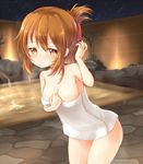  blush breasts brown_eyes brown_hair collarbone folded_ponytail highres inazuma_(kantai_collection) kantai_collection kisa_(k_isa) leaning_forward medium_breasts naked_towel night night_sky onsen sky solo star_(sky) starry_sky towel 