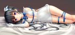  aki99 arm_ribbon black_hair blue_eyes blue_ribbon breasts cleavage cleavage_cutout dungeon_ni_deai_wo_motomeru_no_wa_machigatteiru_darou_ka gloves hestia_(danmachi) highres indoors long_hair looking_at_viewer lying md5_mismatch medium_breasts on_side rei_no_himo ribbon smile solo twintails 