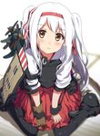  aircraft airplane alternate_hairstyle armor brown_gloves flight_deck gloves hairband kantai_collection long_hair looking_at_viewer ogipote shirt shoukaku_(kantai_collection) silver_hair single_glove sitting skirt solo twintails v_arms very_long_hair wariza younger 