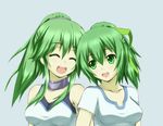  bare_shoulders breasts closed_eyes collarbone duel_monster green_eyes green_hair grey_background hair_ribbon jewelry kenn long_hair looking_at_another multiple_girls open_mouth ponytail ribbon siblings simple_background sisters winda_priestess_of_gusto wynn yuu-gi-ou 