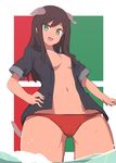 :d animal_ears bad_id bad_pixiv_id breasts brown_hair dog_ears dog_tail drum_(acta2436) federica_n_doglio green_eyes hand_on_hip highres italian_flag italy long_hair looking_at_viewer medium_breasts navel open_clothes open_mouth open_shirt panties red_panties shirt short_sleeves smile solo tail underwear wading water wet world_witches_series 