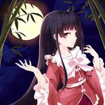  bad_id bad_pixiv_id bamboo bamboo_forest black_hair bow cloud forest full_moon hime_cut houraisan_kaguya long_hair long_sleeves looking_at_viewer moon nature night pink_eyes shirt sky solo takehana_note touhou upper_body very_long_hair wide_sleeves 