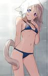  animal_ears arm_behind_back asahikawa_hiyori bikini black_bikini contrapposto navel original purple_eyes silver_hair solo standing strap_pull swimsuit tail towel towel_on_head 