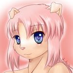  2010 animal_ears anthro blue_eyes brown_fur canine close-up cute english_text female fur hair looking_at_viewer mammal nude pink_background pink_hair pink_nose plain_background skykain smile text 